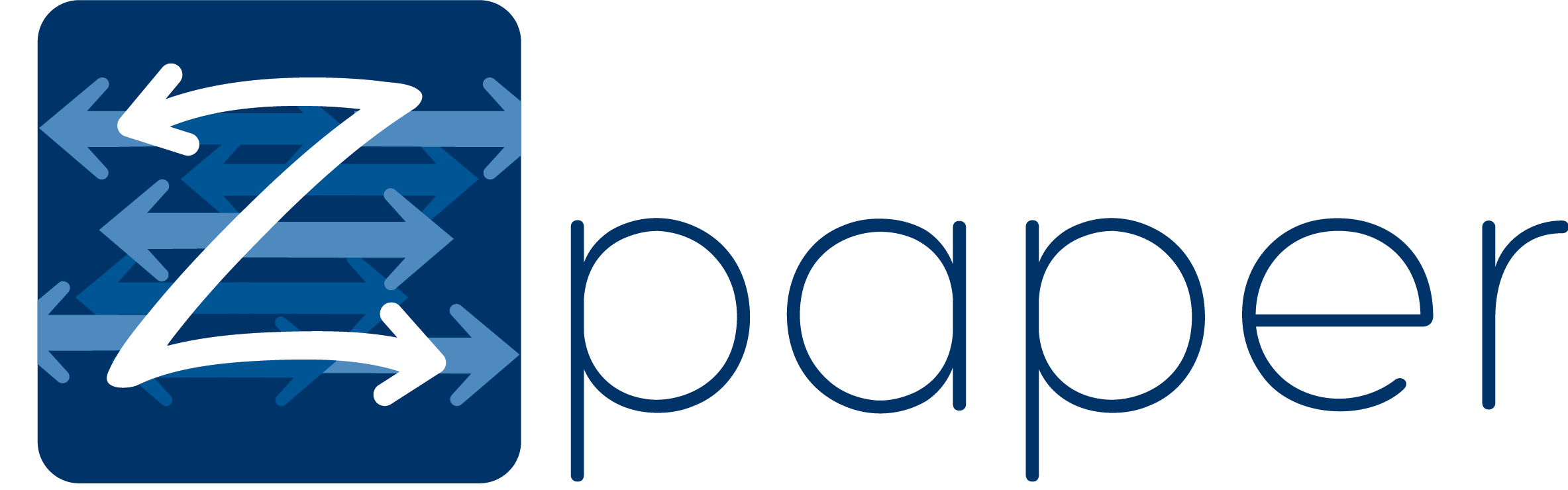 Logo of zPaper with a white "Z", signifying end-to-end on a blue backdrop. The company name 'zPaper' is written in a modern sans-serif typeface, with the 'z' in white and 'Paper' in a lighter shade of blue.