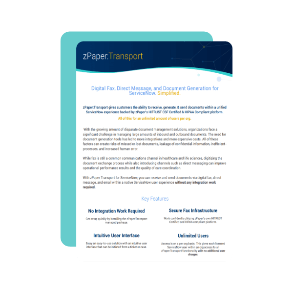 zPaper Transport for ServiceNow Data sheet
